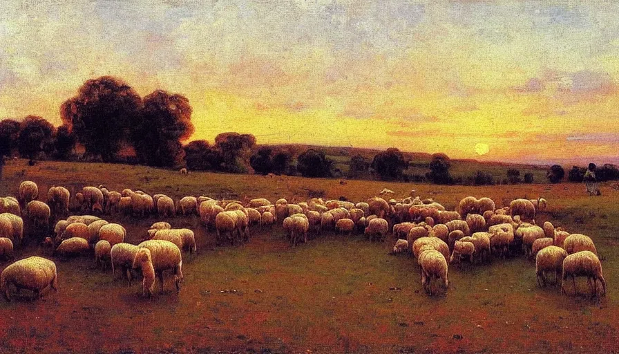 Image similar to wide scene of sheep in a meadow at sunset, by ilya repin
