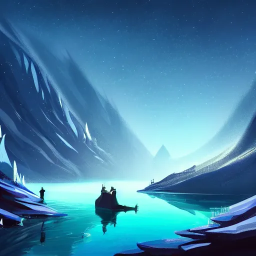 Prompt: concept art by jama jurabaev, cel shaded, cinematic shot, trending on artstation, high quality, brush stroke, vibrant colors, the mysterious crystal cave under the moonlight, the streams are dotted with stars, and the bones of giant animals are frozen on the lake