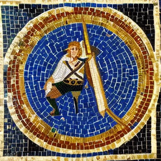 Image similar to ancient greek mosaic of link from zelda with raised sword