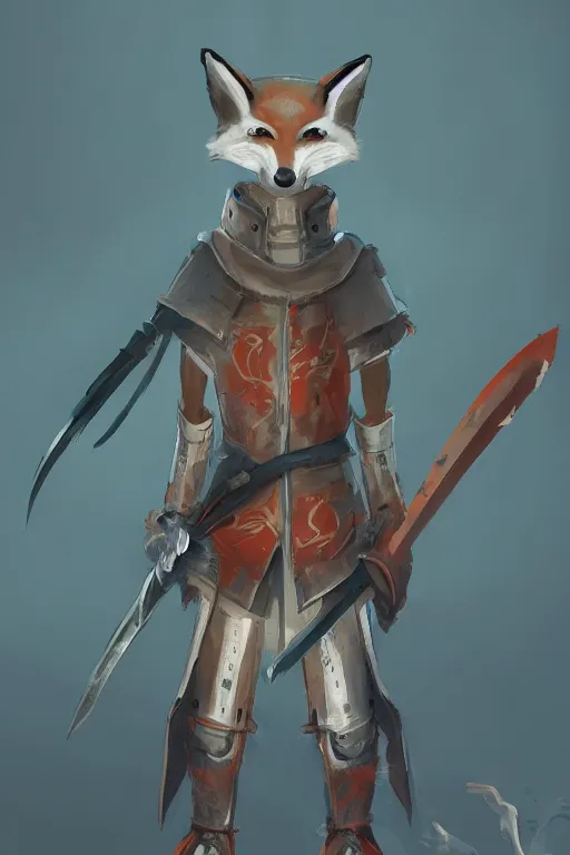 Image similar to anthropomorphic fox wielding dual blades wearing samurai clothes standing on top of robot scraps, concept art, digital painting, trending on artstation, electric sparks, moody lighting
