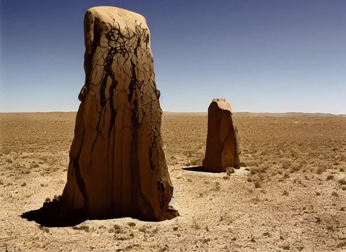 Image similar to strange pagan giant monument in the middle of a desert by salvadore dali and rene magritte