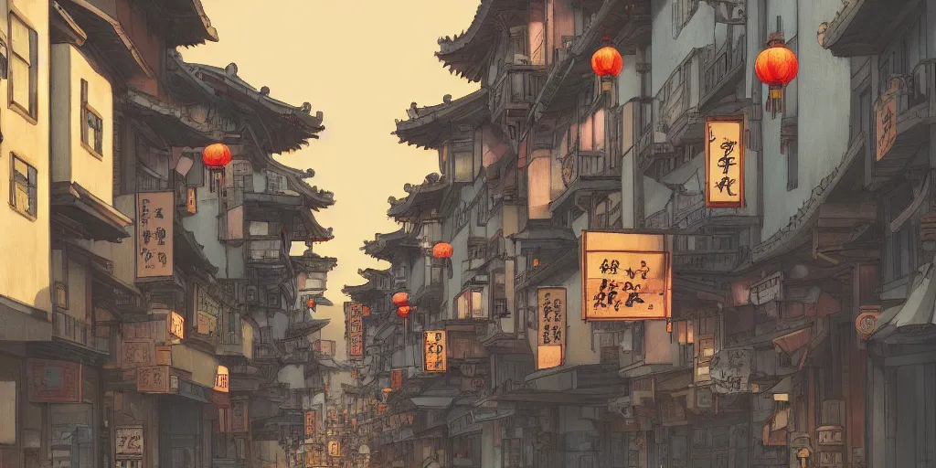 Prompt: a quiet chinatown street, evening, highly detailed, low angle view, studio ghibli, artstation