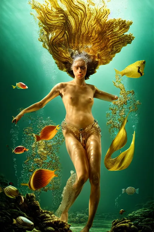 Prompt: hyperrealistic neo - rococo cinematic half underwater scene with fish and algae, very expressive! translucent elegant african goddess getting out of water, gold jewerly, highly detailed face, digital art masterpiece, aykut aydogdu zener, dramatic volumetric light, long shot, low angle uhd 8 k, sharp focus