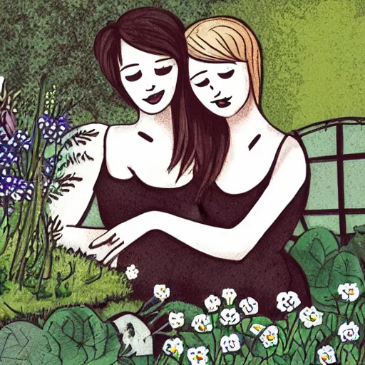 Image similar to couple cuddling, two women, one short - haired blonde, one goth brunette, in garden, romantic, highly detailed illustration