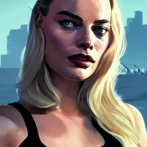 Prompt: Margot Robbie in GTA V, cover by Stephen Bliss, artstation, no text.