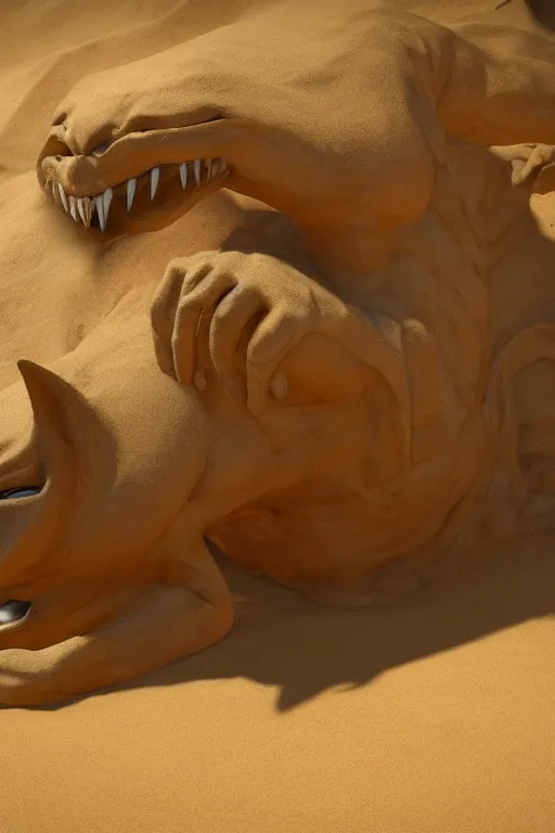 Image similar to a detailed sand demon in the shape of a cat, unreal engine 5, by john william waterhouse and erwin, hyper realism, artistic, dramatic lighting