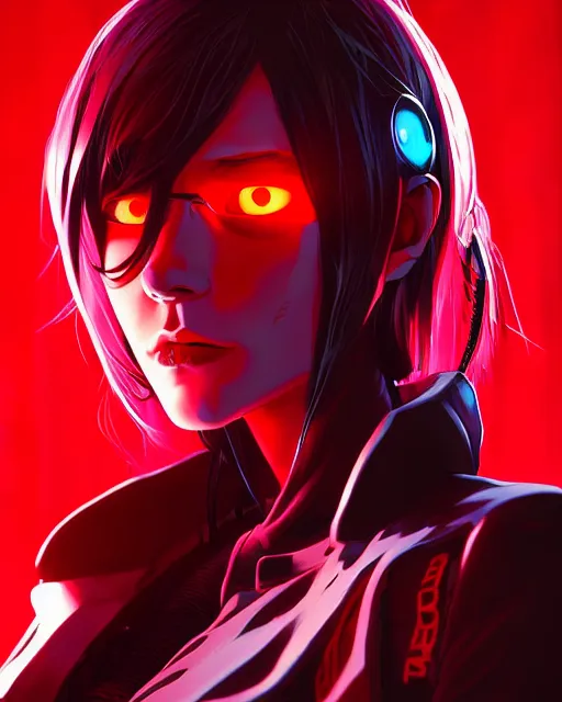 Image similar to a comic potrait of a cyberpunk cyborg girl with black and red parts, fine - face, realistic shaded perfect face, fine details. night setting. very anime style. realistic shaded lighting poster by ilya kuvshinov katsuhiro, unreal engine, global illumination, radiant light, detailed and intricate environment