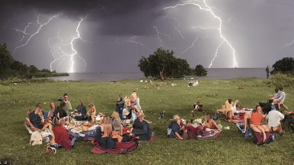 Image similar to a vision of climate change catastrophe, lightning, tornado, hurricane, hailstorm, gale-force winds, floods, as seen by a couple having picnic in a park, moody and dark large-format photography