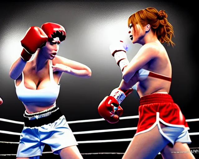 Image similar to christina hendricks and sofia vergara fighting in a boxing match, unreal engine, hyper realism, realistic shading, dramatic lighting, cinematic composition, blender render, sharp focus, octane render, hdr, 4 k, 8 k, detailed textures, artstation, photorealistic, 3 5 mm film