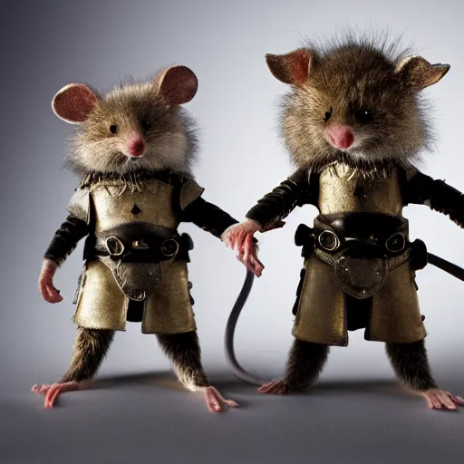 Prompt: photo of a diorama of fluffy mice in medieval battle armor, studio lighting, nikon lens, black background