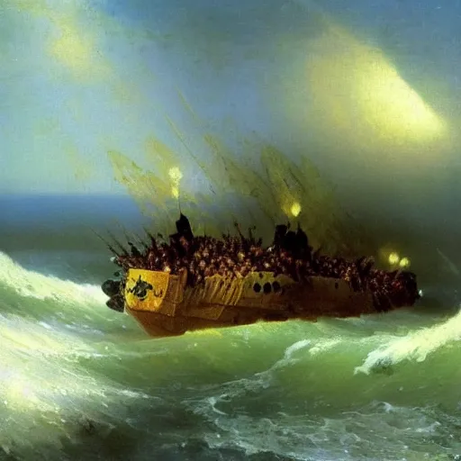 Image similar to Dwarf bees landing in Normandy, 1944, Aivazovsky.