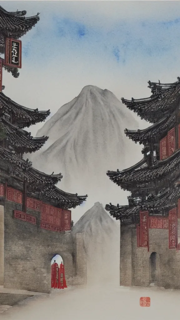 Prompt: Realistic watercolor painting of a ancient Chinese commercial street landscape,entrance of ancient Chinese city wall in the distance,foggy mountains in the background