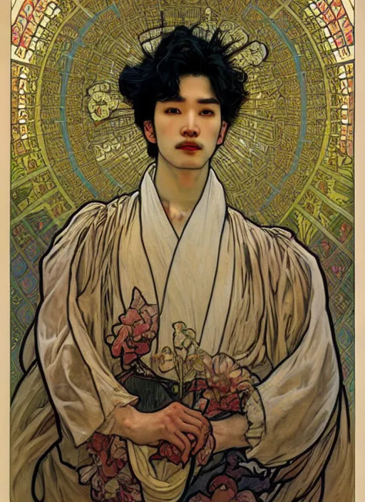 Image similar to cai xukun by james jean, manuel sanjulian, alphonse mucha