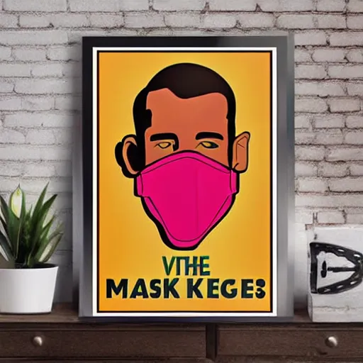 Prompt: 80s deco style poster to encourage mask wearing