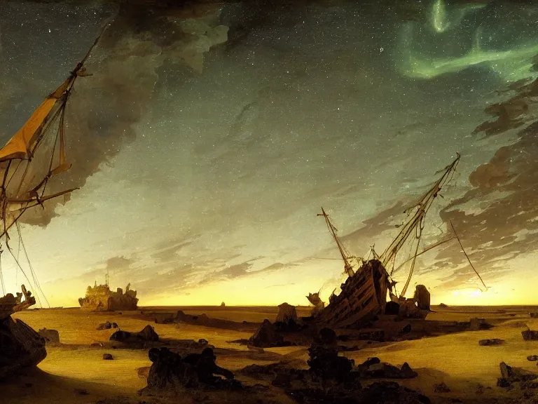 Image similar to an oil painting of an ancient shipwreck in the middle of an alien desert at dusk, aurora and stars light up the sky by carl spitzweg and tuomas korpi. baroque elements, full-length view. baroque element. intricate artwork by caravaggio. Trending on artstation. 8k