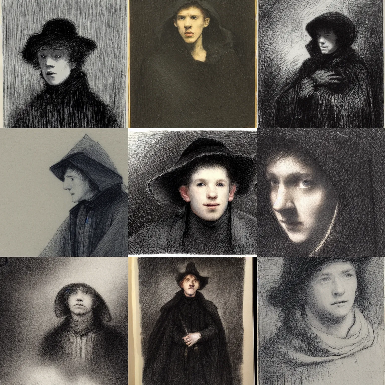 Prompt: a young, pale, melancholic 19th century wanderer, dressed in a worn, black traveling cloak, who looks like Lee Evans. heavy raining, blue tones, darkness, highly detailed, realistic, drawing by Rembrandt