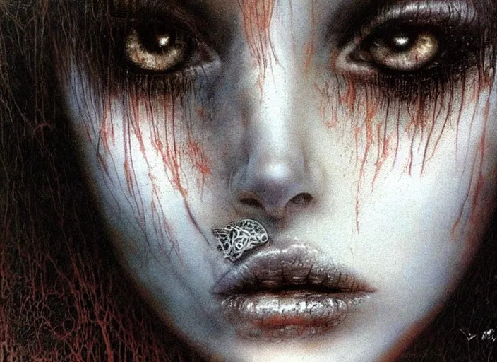 Image similar to award winning face close up portrait of a redhead in a park by luis royo and eyes by hr giger