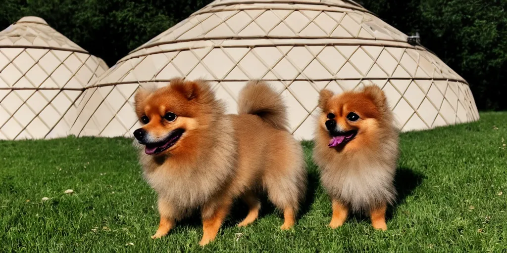 Prompt: tan pomeranian in front of a yurt