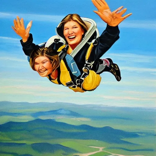 Image similar to painting of martha Stewart skydiving enthusiastically