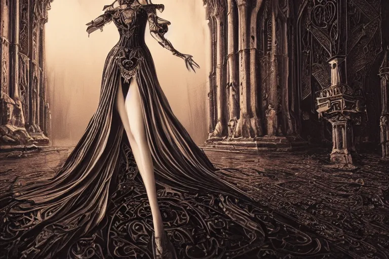 Prompt: ultra realist soft painting of a beautiful gothic princess in a full long curvy slim ornate dress in the world of Lovecraft, film noir style, very intricate details, ultra dense fog, golden ratio, volumetric lighting, reflections, refractions, symmetry accurate anatomy features, unreal render