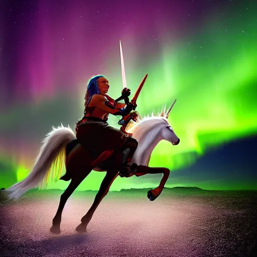 Image similar to warrior riding a pegasus unicorn through the aurora borealis, wielding a sword and shield, lighting, storm, by ricardo ow