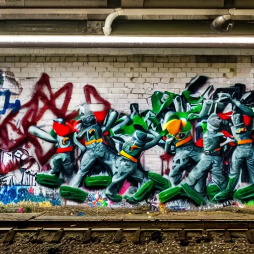 Prompt: toy soldiers fighting in an abandoned graffiti subway