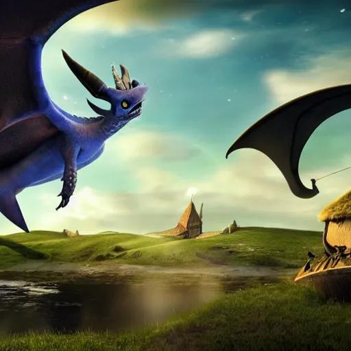 Image similar to a stardust dragon with mantaray wings and a stingray tail flying through an old viking village filled with vikings and other dragons, cgi, in the style of how to train your dragon, cinematic, high resolution, movie, film, animated film, cgi