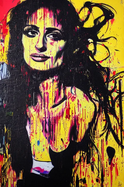 Image similar to oil painting, portrait of penelope cruz, wall with graffiti, splash painting, by bansky