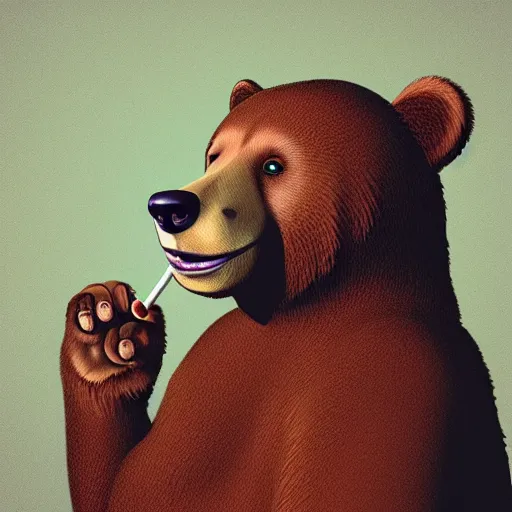 Image similar to a happy bear smoking a joint, photorealistic, 4 k