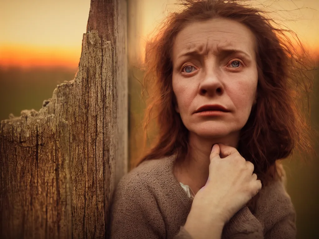Image similar to close up portrait bust of woman sitting on fence, tired expression, faded color film, russian cinema, tarkovsky, technicolor, heavy forest, wood cabin in distance, shallow depth of field, long brown hair, old clothing, heavy fog, brown color palette, sunset, low light, hudson river school, 4 k, dramatic lighting