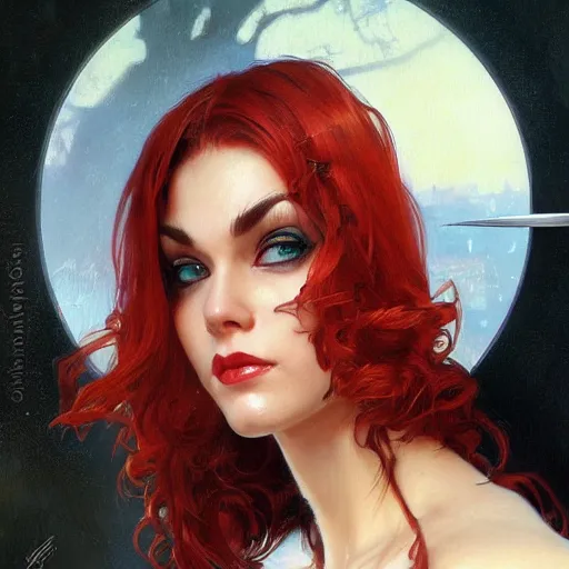 Image similar to highly detailed closeup portrait of beautiful cat woman with red hair, very detailed, realistic, card, by Stanley Artgerm Lau, greg rutkowski, thomas kindkade, alphonse mucha, loish, norman rockwell J.