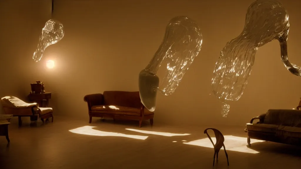 Image similar to a giant hand made of wax and water floats through the living room, film still from the movie directed by Denis Villeneuve with art direction by Salvador Dalí, wide lens