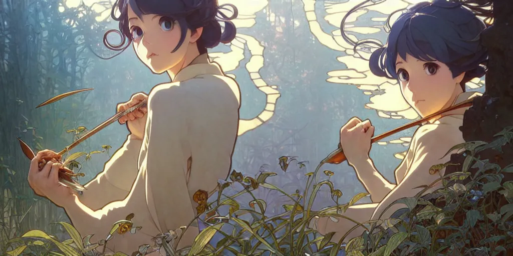 Image similar to twist your tiny lies into the spoon, spinning a web with your metallurgy. by hayao miyazaki and rossdraws and artgerm and greg rutkowski and alphonse mucha and studio ghibli. high quality, stunning, intricate detailed environment. 8 k