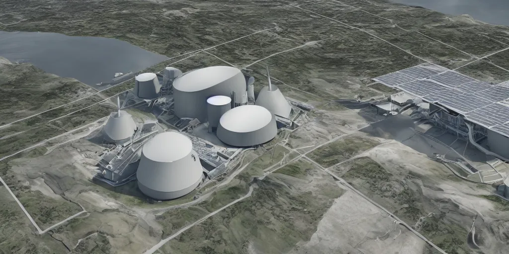 Image similar to aerial view of a renewable futuristic powerplant designed by Jorn Utzon, epic shot, masterpiece, highly detailed, 8k cinematic, unreal engine, global illumination