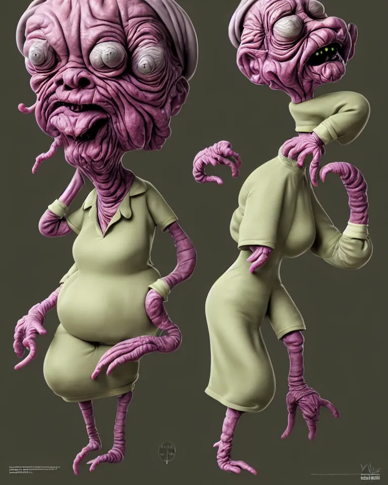 Prompt: your saggy wrinkled grandmother is a cosmic horror by bruce brenneise and wayne haag, photorealistic digital concept art, in the style of cuphead, trending on cgsociety, trending on zbrush central