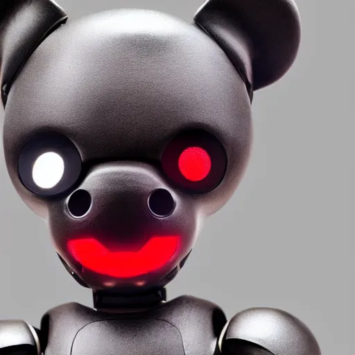 Image similar to robot black teddy bear with red eyes, face close up, realistic, highly detailed, studio photo, dark lighting