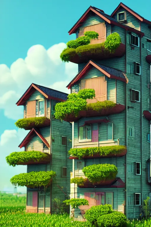 Image similar to stacked houses, solarpunk, studio ghibli, octane render, 4 k