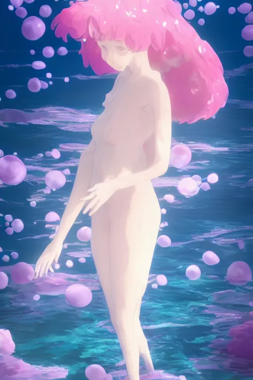 Prompt: 3D CG anime Land of the Lustrous Houseki no Kuni character Ventricosus translucent very light pink jelly woman with thick chest size and pink transparent bouffont dress frills standing at the bottom of the ocean near the surface, sun rays shine through the water, facing the camera, beautiful composition, 3D render, cel shaded, 8k, key visual, made by Haruko Ichikawa, Makoto Shinkai, studio Ghibli, Kyoto Animation