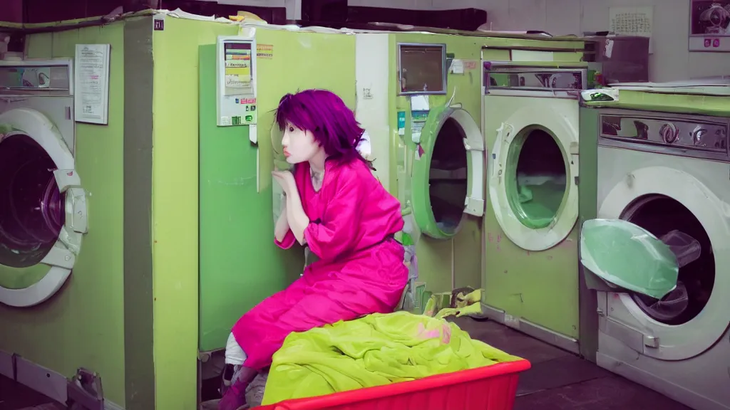 Prompt: a girl with green hair sitting on top of a washing machine in a laundromat in the style of Tsuguharu Fujita, pink yellow red and green