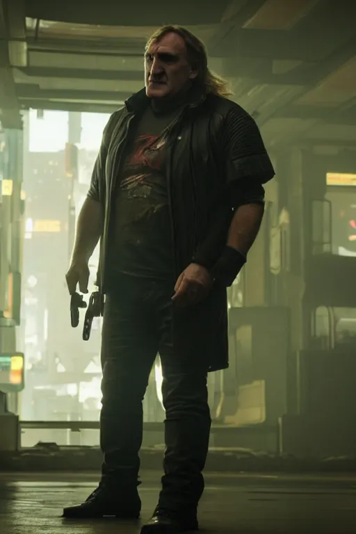 Image similar to a still of Gerard Depardieu in the movie Cyberpunk 2077 (2022), Nostromo, 4k, HD, high quality,