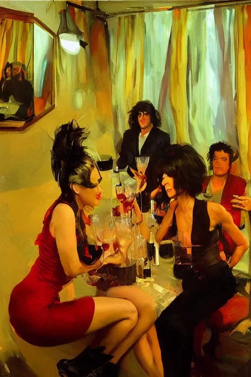 Image similar to glam rockers drinking brutal and raw wine, inside a tiny green room with red lights by joaquin sorolla, greg rutkowski, bill sienckiwicz, extremely detailed