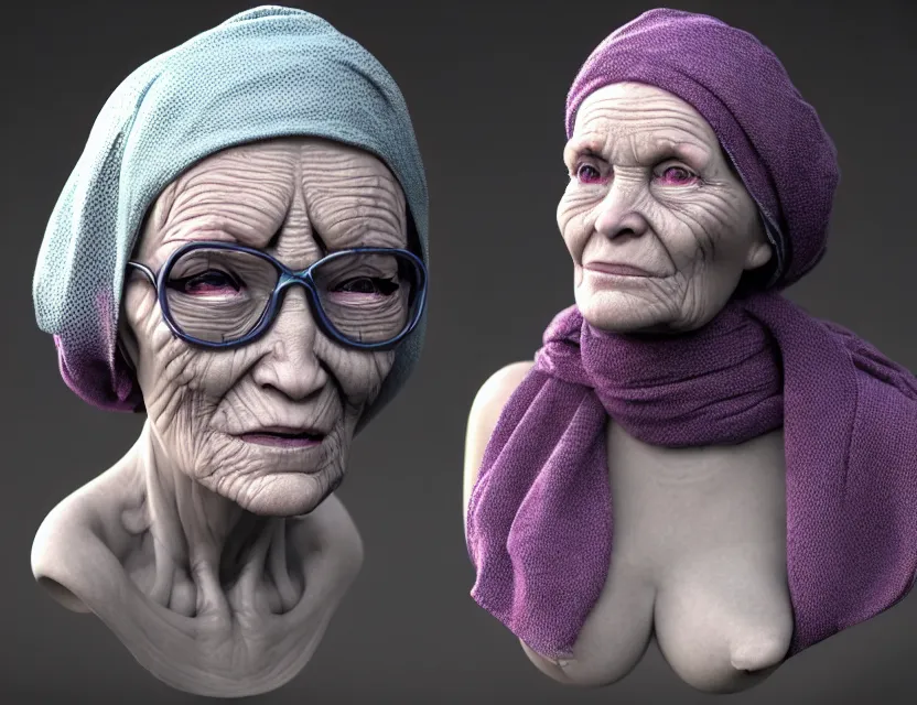 Prompt: cinematic bust portrait of robo face, cyborg body granny!, a scarf tied on the head, by jean giraud, trending artstaition, 3 d, unreal engine