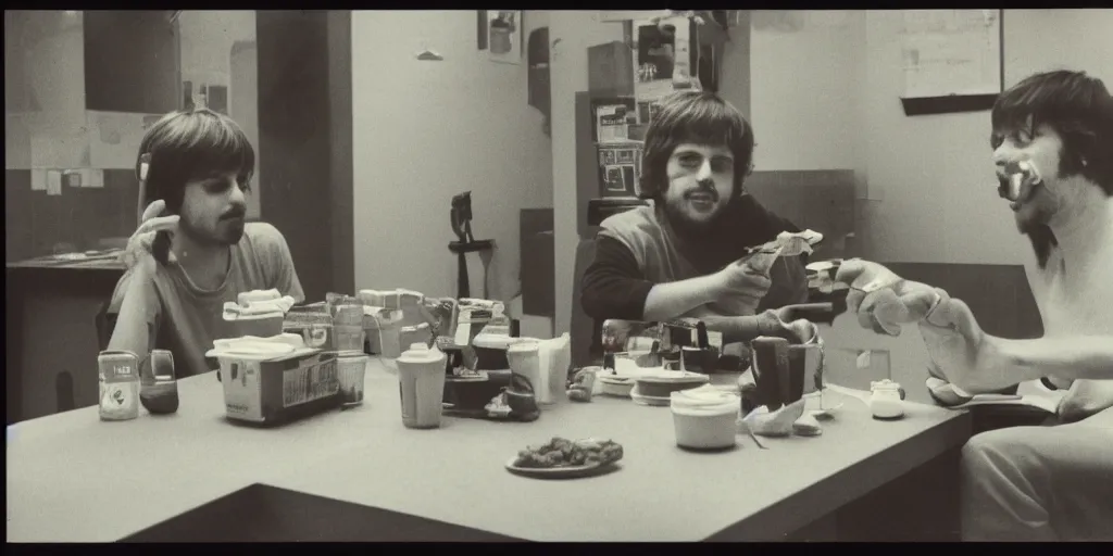 Image similar to A green dog eating hambugers while talking to his friend john, 1978 polaroid , 35mm