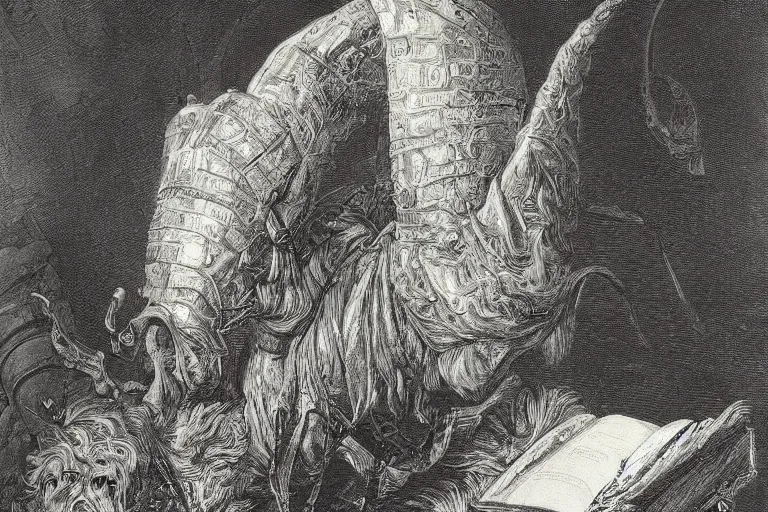 Prompt: highly detailed portrait of big open book, open book page, don quixote left the book, symmetrical, masterpiece, highly detailed painting by gustave dore