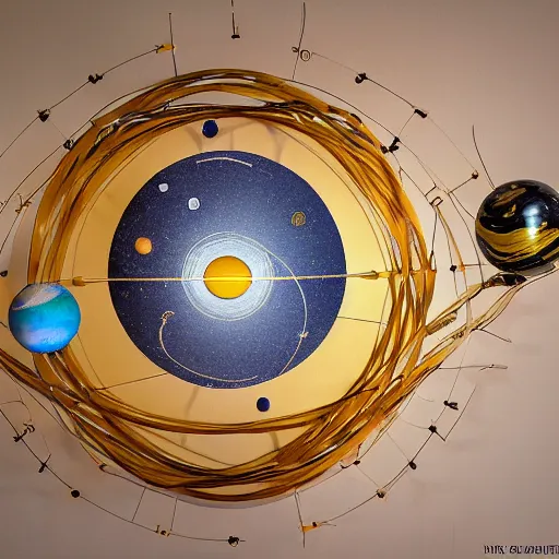 Prompt: a kinetic sculpture of this solar system, sun, orrery, canon 5 d 5 0 mm lens, papier - mache, studio, circa 2 0 8 8