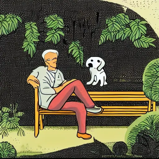 Image similar to a man and a woman sitting on a bench surrounded by plants, a dog sleeping by their feet, cartoon,