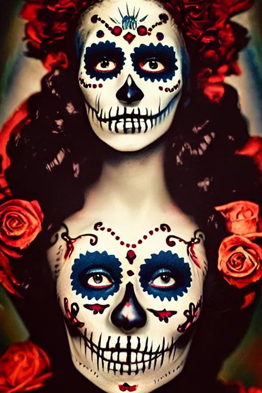 Image similar to 1 9 4 0's virgin mary dia de muertos dress and make up, horrific beautiful vibe, evocative, atmospheric lighting, painted, intricate, highly detailed, leesha hannigan, wayne haag, reyna rochin, ignacio fernandez rios, mark ryden, iris van herpen, stunning, gorgeous, sharp focus, cinematic, masterpiece