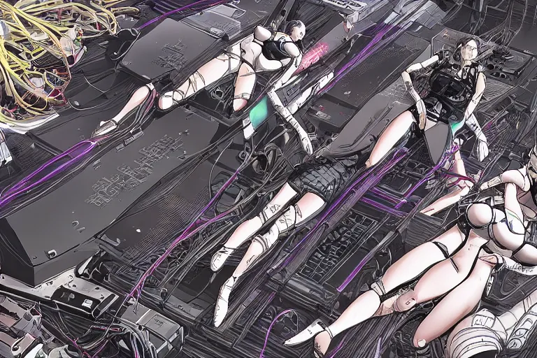 Image similar to a cyberpunk illustration of a group of female androids in style of masamune shirow, lying on an empty, white floor with their bodies scattered across, turned in different poses and cables and wires coming out, by yukito kishiro and katsuhiro otomo, hyper-detailed, intricate, view from above