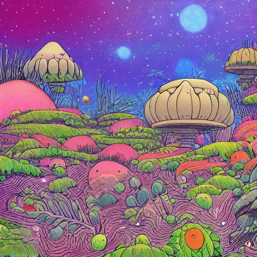 Prompt: the landscape of an alien planet with strange plants and animals. Hand drawing in the style of Miyazaki. Beautiful and colorful.