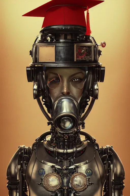 Image similar to a beautiful ultra detailed fine art portrait of a futuristic mechanical cybernetic firefighter cyborg wearing a graduation hat, by tom bagshaw and anna dittman, studio lighting, firefighter, golden ratio composition, 3 5 mm lens, cybernetic scifi, deep depth of field, artstation, 8 k